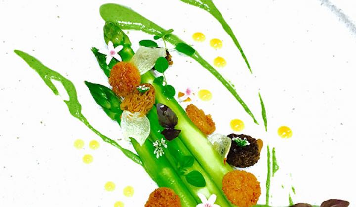 Insalata di asparagi con purea di spinaci e pistacchi, gelatina di mango, funghi Morchella ed erbette